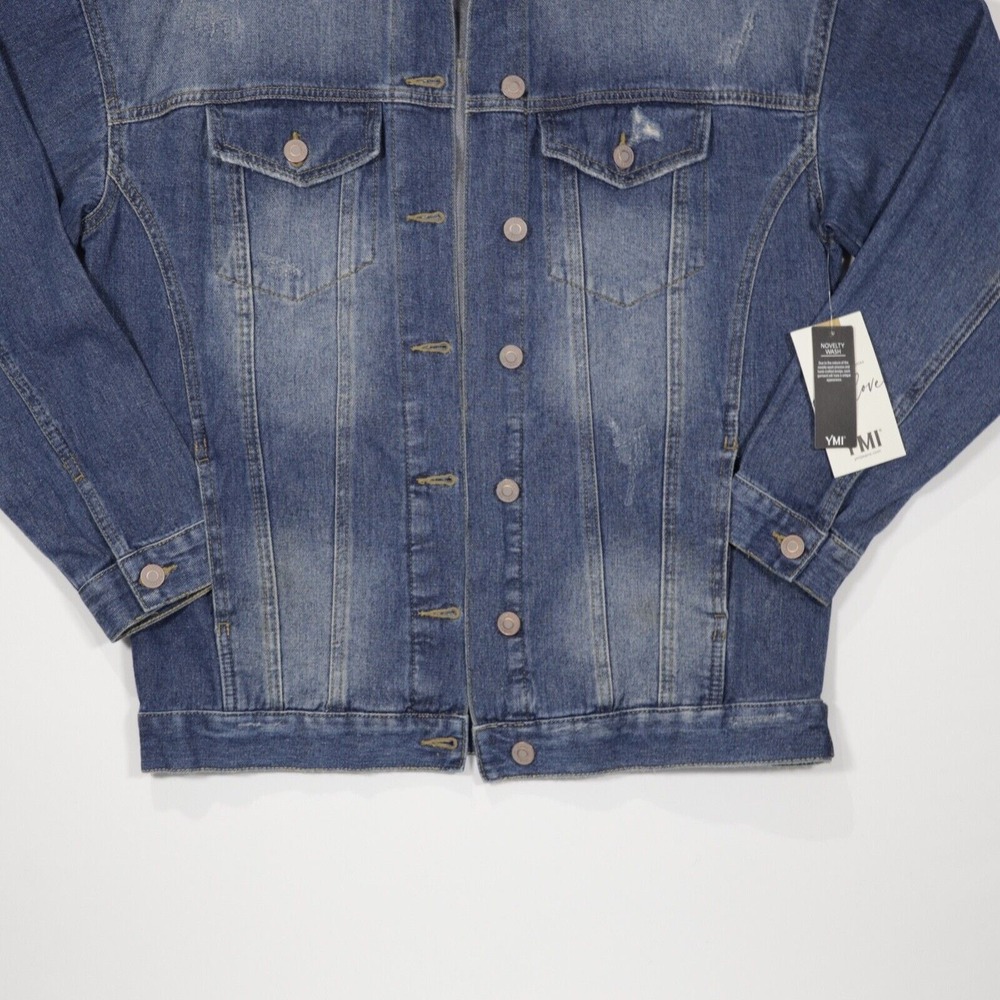 YMI Women's Distressed Oversized Denim Jacket Blue Long Sleeve Button Up Size S - Picture 3 of 8